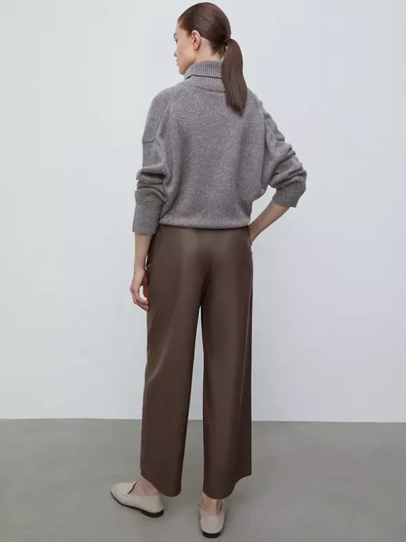 High Waist Faux Leather Wide Leg Pants Brown Straight Leg Casual Trousers