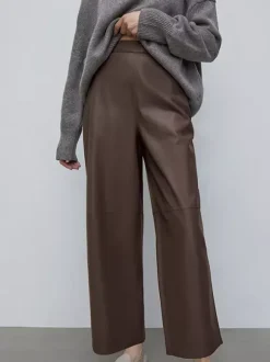 High Waist Faux Leather Wide Leg Pants Brown Straight Leg Casual Trousers
