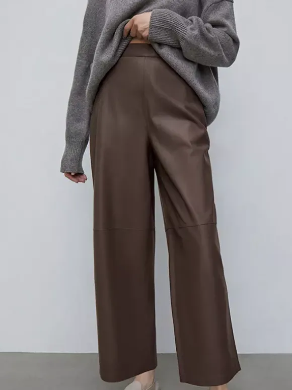 High Waist Faux Leather Wide Leg Pants Brown Straight Leg Casual Trousers