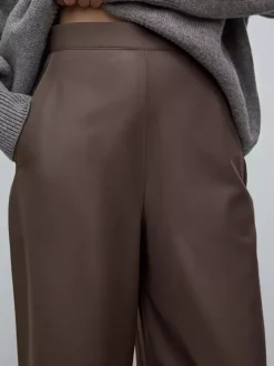 High Waist Faux Leather Wide Leg Pants Brown Straight Leg Casual Trousers