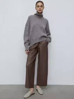 High Waist Faux Leather Wide Leg Pants Brown Straight Leg Casual Trousers