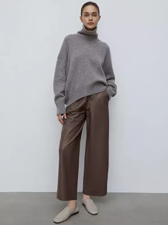 High Waist Faux Leather Wide Leg Pants Brown Straight Leg Casual Trousers