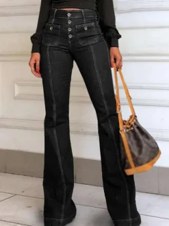 High Waist Jeans Buttons Flared Leg Charming Bottoms