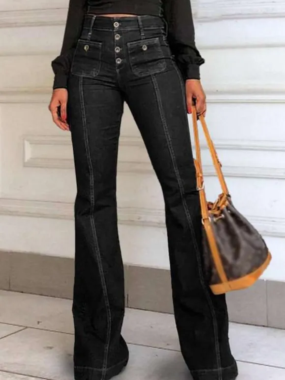 High Waist Jeans Buttons Flared Leg Charming Bottoms