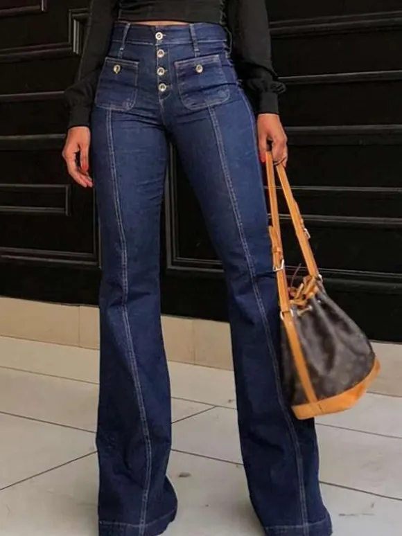 High Waist Jeans Buttons Flared Leg Charming Bottoms