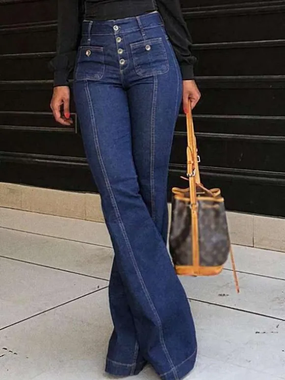 High Waist Jeans Buttons Flared Leg Charming Bottoms