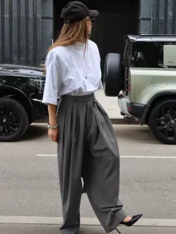 High Waist Pleated Drape Wide Leg Gray Suit Pants
