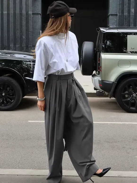 High Waist Pleated Drape Wide Leg Gray Suit Pants