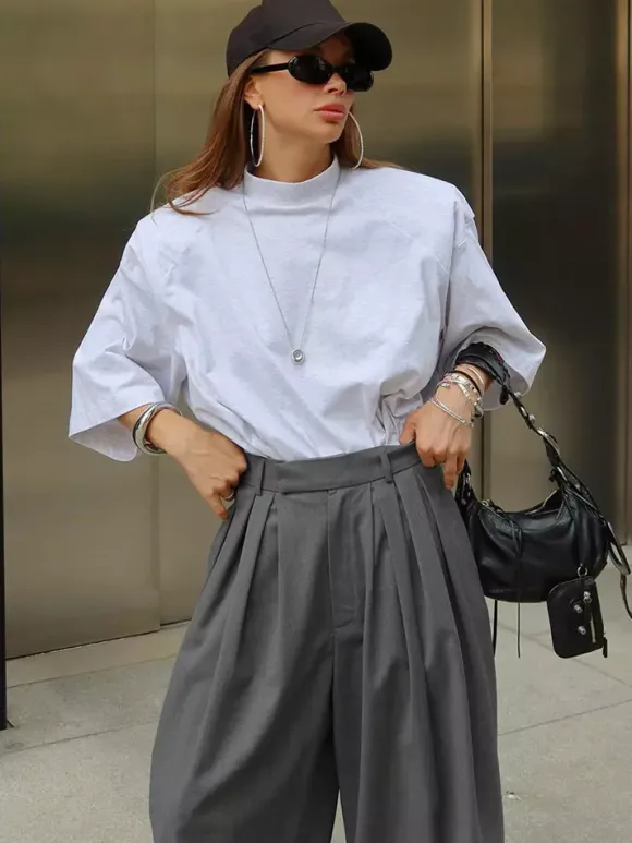 High Waist Pleated Drape Wide Leg Gray Suit Pants