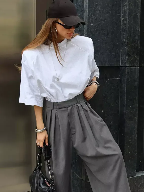 High Waist Pleated Drape Wide Leg Gray Suit Pants