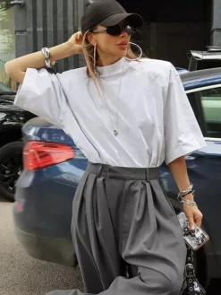 High Waist Pleated Drape Wide Leg Gray Suit Pants