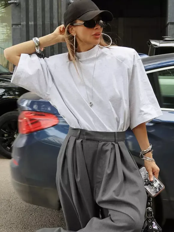 High Waist Pleated Drape Wide Leg Gray Suit Pants