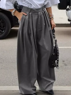High Waist Pleated Drape Wide Leg Gray Suit Pants