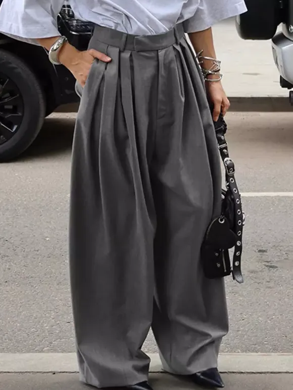 High Waist Pleated Drape Wide Leg Gray Suit Pants