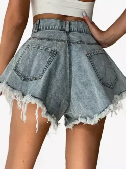 High Waist Raw Fringe Hem Wide Leg Denim Shorts Loose A Line Cutoff Shorts