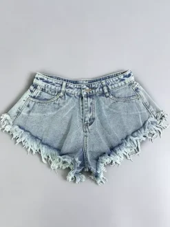 High Waist Raw Fringe Hem Wide Leg Denim Shorts Loose A Line Cutoff Shorts