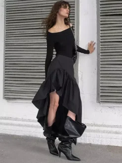 High Waist Ruffle High Low Hem Black Women Skirt Asymmetrical Midi Skirt