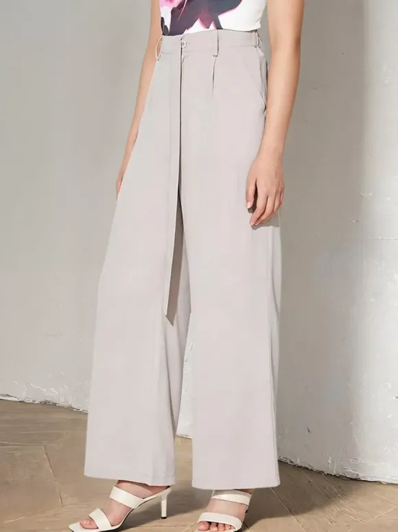 High Waist Tie Belt Wide Leg Palazzo Pants Pleated Loose Casual Trousers