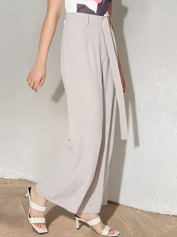High Waist Tie Belt Wide Leg Palazzo Pants Pleated Loose Casual Trousers