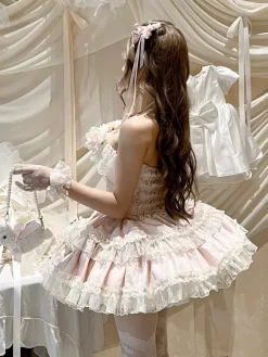 Him Ballllerina Lolita Dress Blue Pink Rose Ruffles JSK Lace Up Sweet Lolita Dress