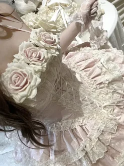 Him Ballllerina Lolita Dress Blue Pink Rose Ruffles JSK Lace Up Sweet Lolita Dress