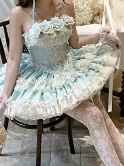 Him Ballllerina Lolita Dress Blue Pink Rose Ruffles JSK Lace Up Sweet Lolita Dress