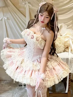 Him Ballllerina Lolita Dress Blue Pink Rose Ruffles JSK Lace Up Sweet Lolita Dress