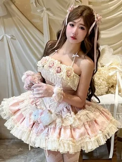 Him Ballllerina Lolita Dress Blue Pink Rose Ruffles JSK Lace Up Sweet Lolita Dress