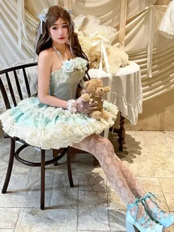 Him Ballllerina Lolita Dress Blue Pink Rose Ruffles JSK Lace Up Sweet Lolita Dress