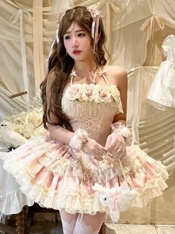 Him Ballllerina Lolita Dress Blue Pink Rose Ruffles JSK Lace Up Sweet Lolita Dress
