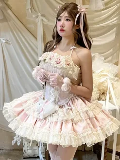 Him Ballllerina Lolita Dress Blue Pink Rose Ruffles JSK Lace Up Sweet Lolita Dress