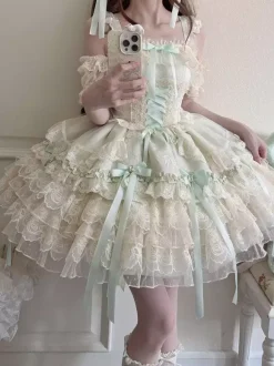 Hime Lolita Dress Sweet Lace Ruffles Bandage Back Bow Short Short Lolita Dress