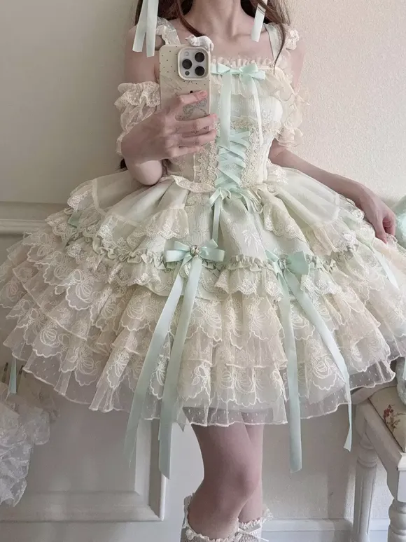 Hime Lolita Dress Sweet Lace Ruffles Bandage Back Bow Short Short Lolita Dress