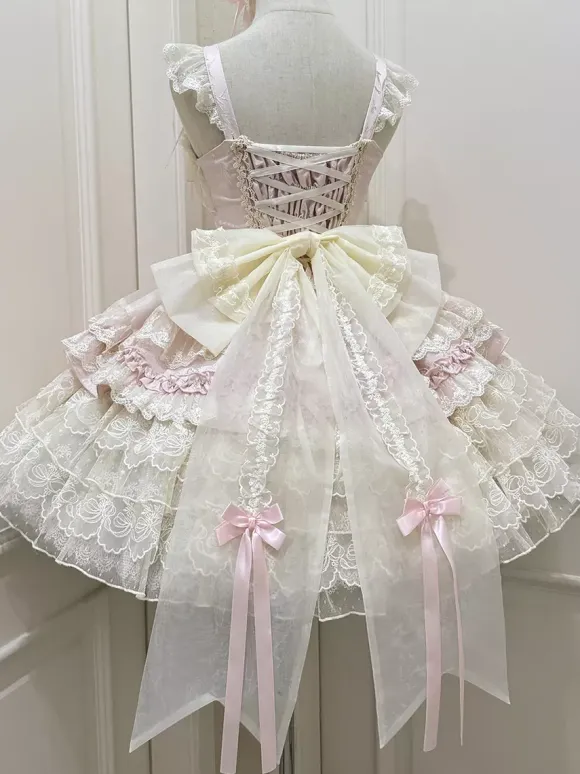 Hime Lolita Dress Sweet Lace Ruffles Bandage Back Bow Short Short Lolita Dress