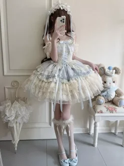 Hime Lolita Dress Sweet Lace Ruffles Bandage Back Bow Short Short Lolita Dress