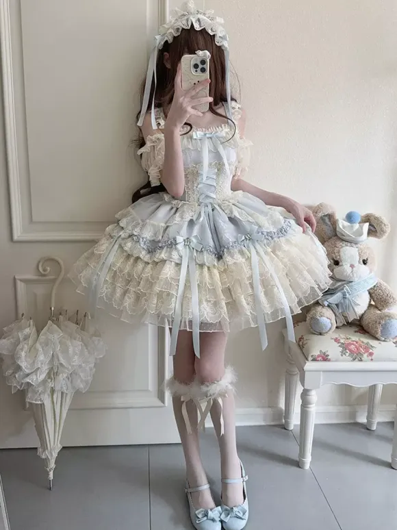 Hime Lolita Dress Sweet Lace Ruffles Bandage Back Bow Short Short Lolita Dress