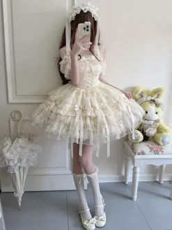 Hime Lolita Dress Sweet Lace Ruffles Bandage Back Bow Short Short Lolita Dress