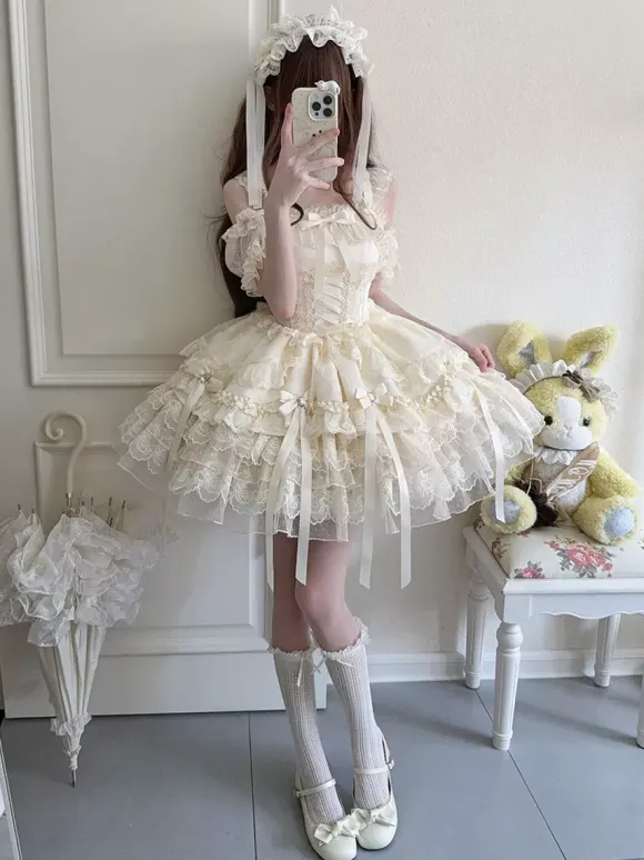 Hime Lolita Dress Sweet Lace Ruffles Bandage Back Bow Short Short Lolita Dress