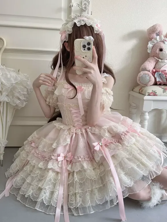 Hime Lolita Dress Sweet Lace Ruffles Bandage Back Bow Short Short Lolita Dress