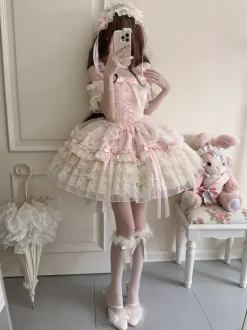 Hime Lolita Dress Sweet Lace Ruffles Bandage Back Bow Short Short Lolita Dress
