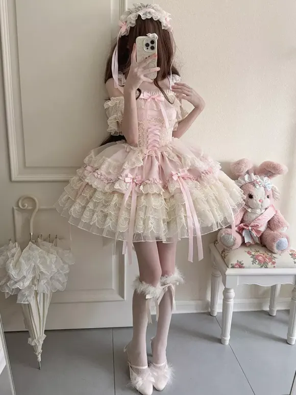 Hime Lolita Dress Sweet Lace Ruffles Bandage Back Bow Short Short Lolita Dress