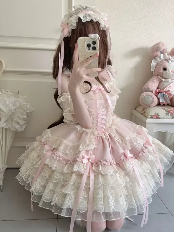 Hime Lolita Dress Sweet Lace Ruffles Bandage Back Bow Short Short Lolita Dress