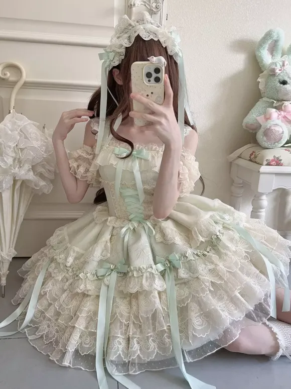 Hime Lolita Dress Sweet Lace Ruffles Bandage Back Bow Short Short Lolita Dress