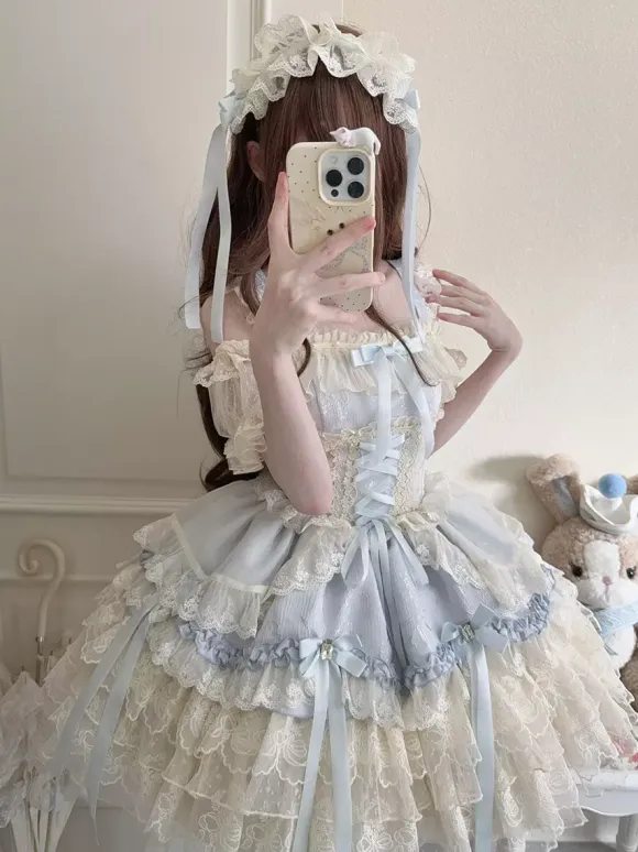 Hime Lolita Dress Sweet Lace Ruffles Bandage Back Bow Short Short Lolita Dress