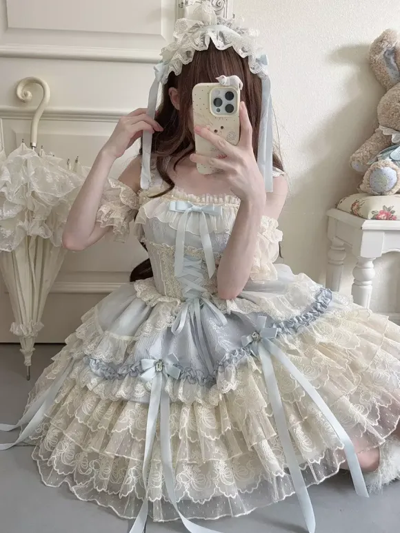 Hime Lolita Dress Sweet Lace Ruffles Bandage Back Bow Short Short Lolita Dress