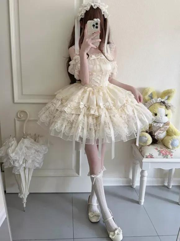 Hime Lolita Dress Sweet Lace Ruffles Bandage Back Bow Short Short Lolita Dress