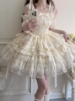Hime Lolita Dress Sweet Lace Ruffles Bandage Back Bow Short Short Lolita Dress