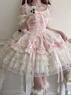 Hime Lolita Dress Sweet Lace Ruffles Bandage Back Bow Short Short Lolita Dress