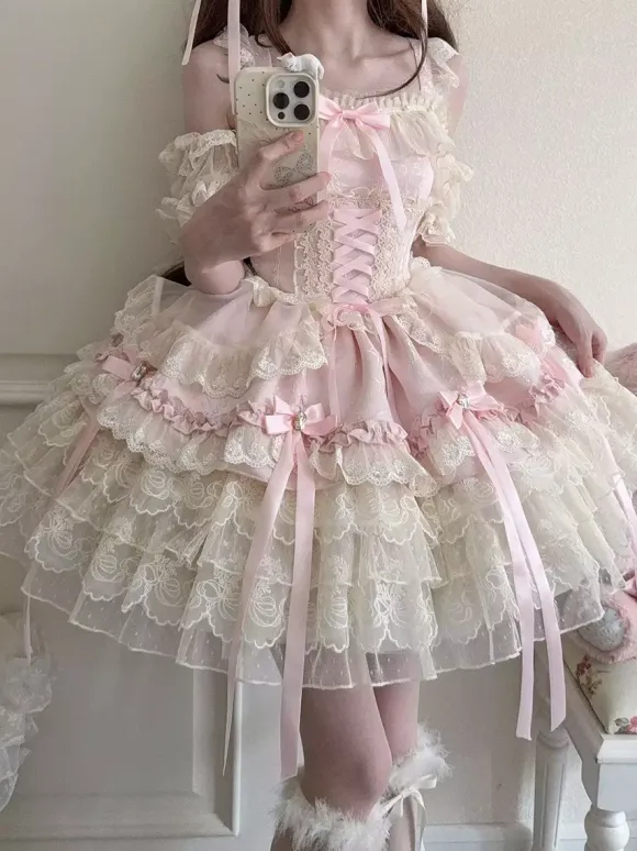 Hime Lolita Dress Sweet Lace Ruffles Bandage Back Bow Short Short Lolita Dress