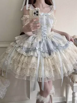 Hime Lolita Dress Sweet Lace Ruffles Bandage Back Bow Short Short Lolita Dress